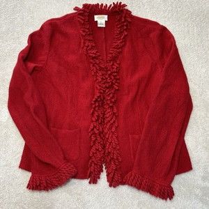 Talbots Vintage Red Wool Cardigan Sweater Large Yarn Fringe Christmas Open Front